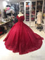 Off Shoulder Dress, Off Shoulder Red Dress, Red Glitter Fabric Red Ballgown Dress, Prom Dress