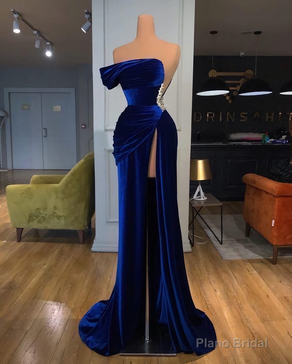 One Shoulder Royal Blue Velvet Evening Prom Dress, With Slit Main image