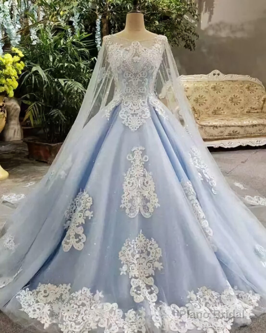 Blue And White Lace Shiny Prom Dress, Charming Prom Dress Main image
