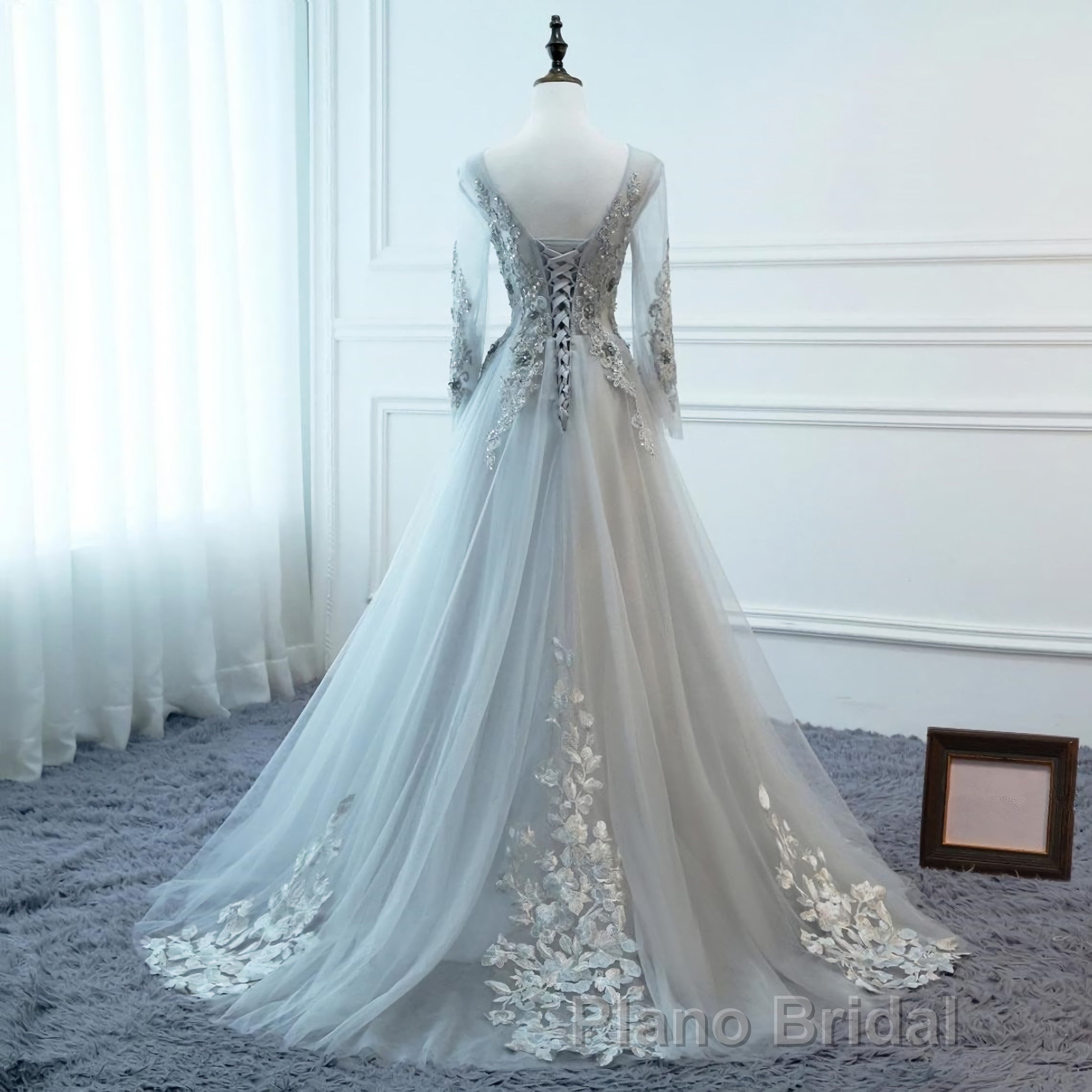 Grey Long Sleeves V Neckline Tulle Formal Prom Dresses, A Line Floor Length Party Dresses Secondary image