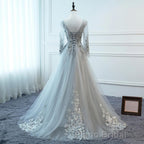 Grey Long Sleeves V Neckline Tulle Formal Prom Dresses, A Line Floor Length Party Dresses