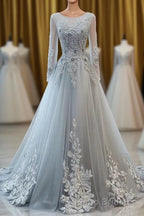 Grey Long Sleeves V Neckline Tulle Formal Prom Dresses, A Line Floor Length Party Dresses