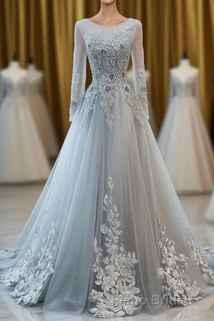 Grey Long Sleeves V Neckline Tulle Formal Prom Dresses, A Line Floor Length Party Dresses