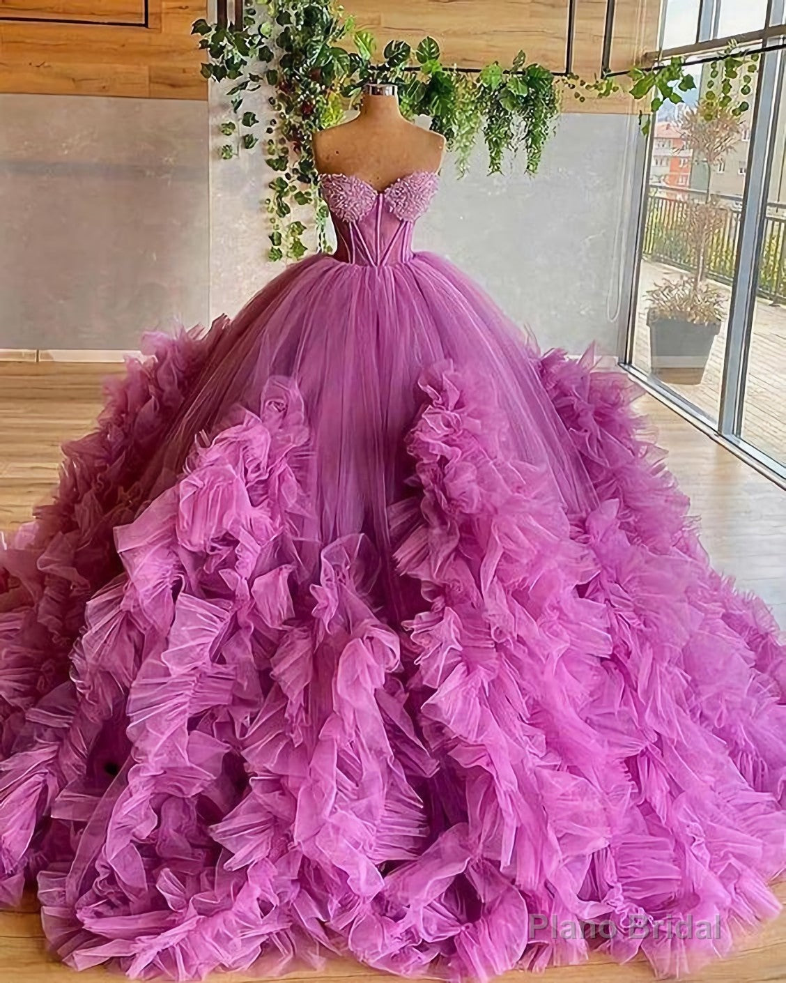 Sweetheart Purple Beading Bodice Tulle Ruffle Pleated Ball Gown Evening Dress, Prom Gown Main image
