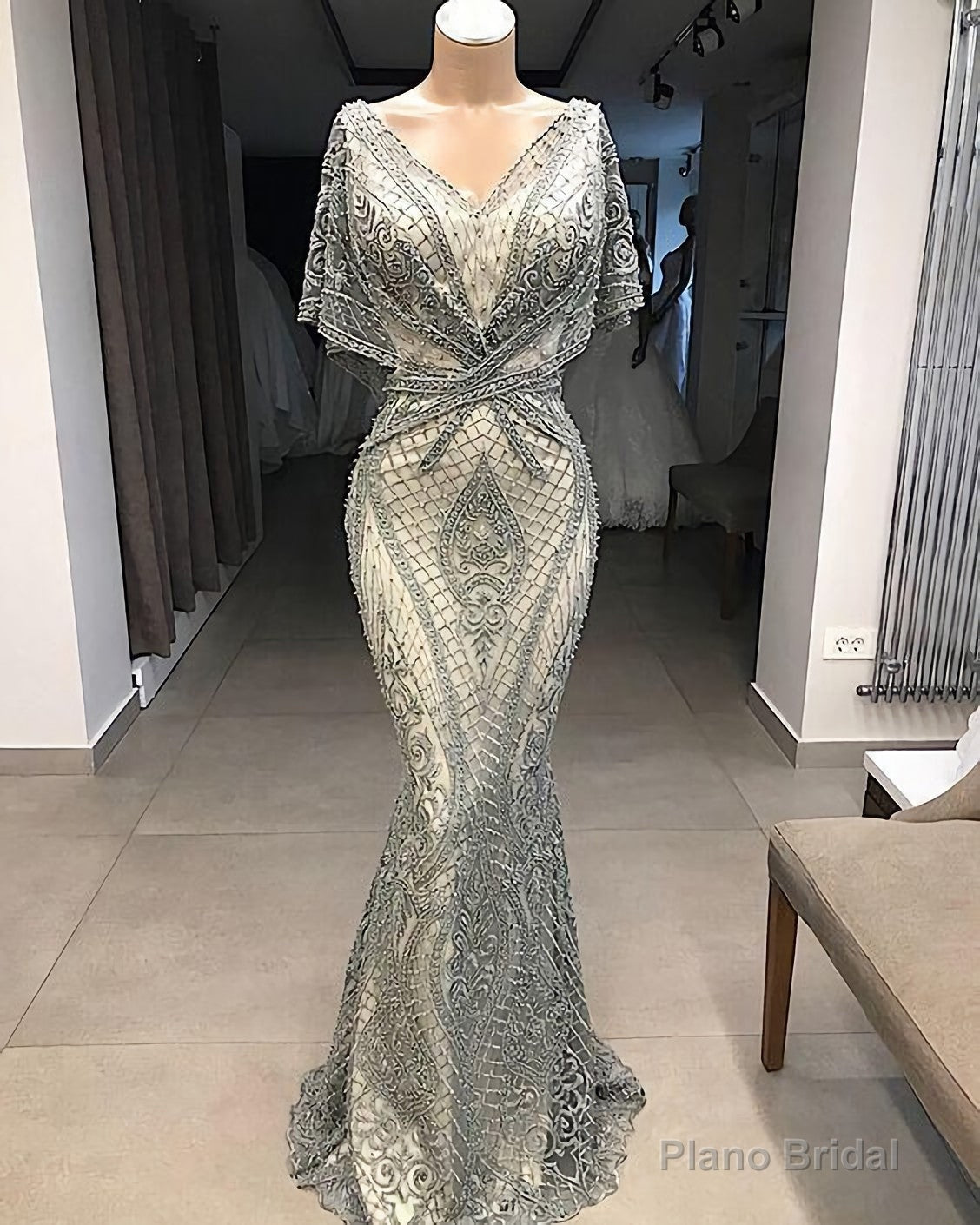 Modest Evening Dresses, Long Gray Lace Applique Beaded Elegant Mermaid Prom Dresses Main image