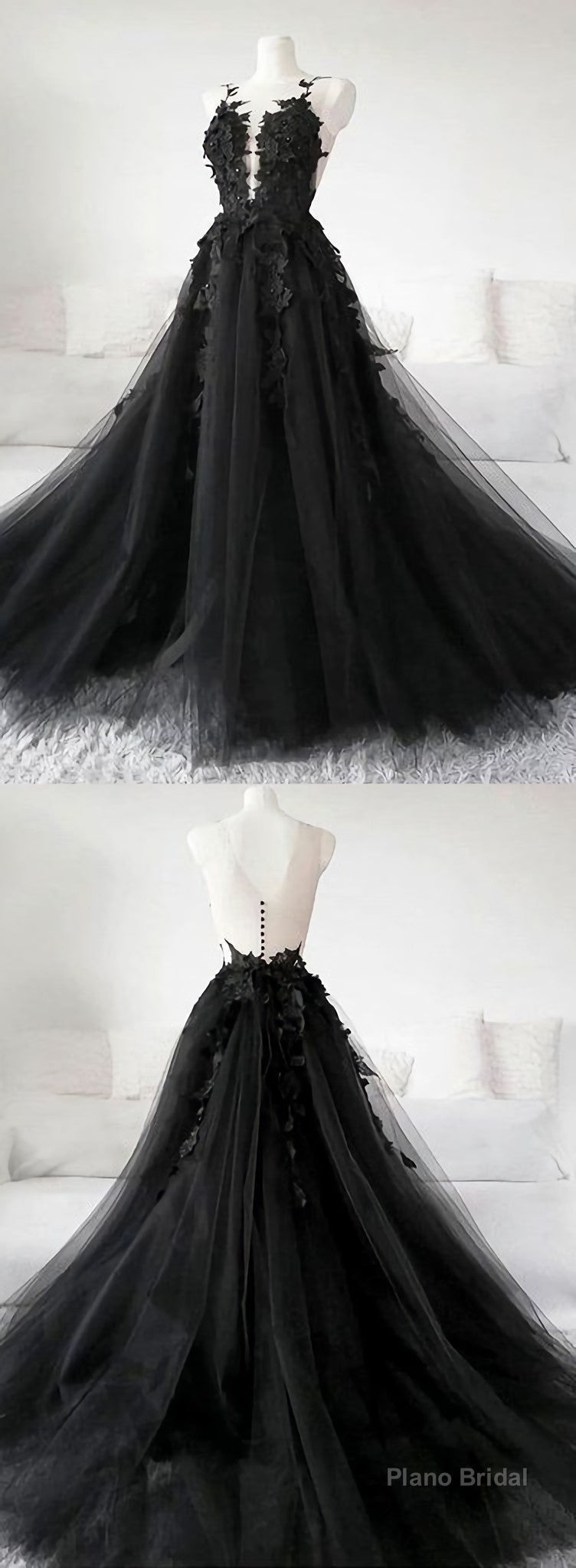 Unique Black Tulle V Neck Sheer Back Lace Applique Evening Dress, Formal Dress, Long Prom Dress Main image