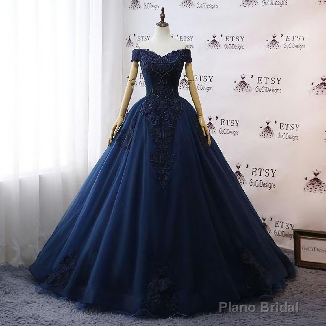 Prom Dresses, Navy Blue Wedding Dresses, Floral Lace Ball Gown Off Shoulder Evening Dress Main image