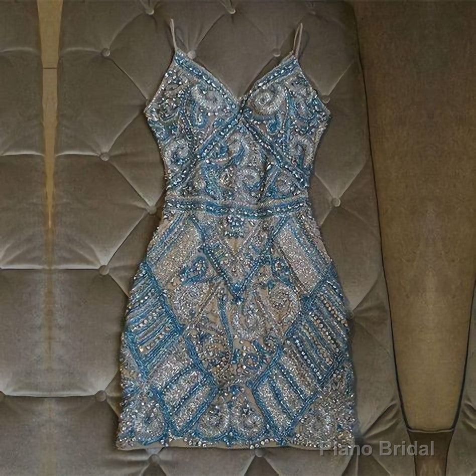 Silver And Turquoise Crystal Beaded Homecoming Dresses, Short Main image