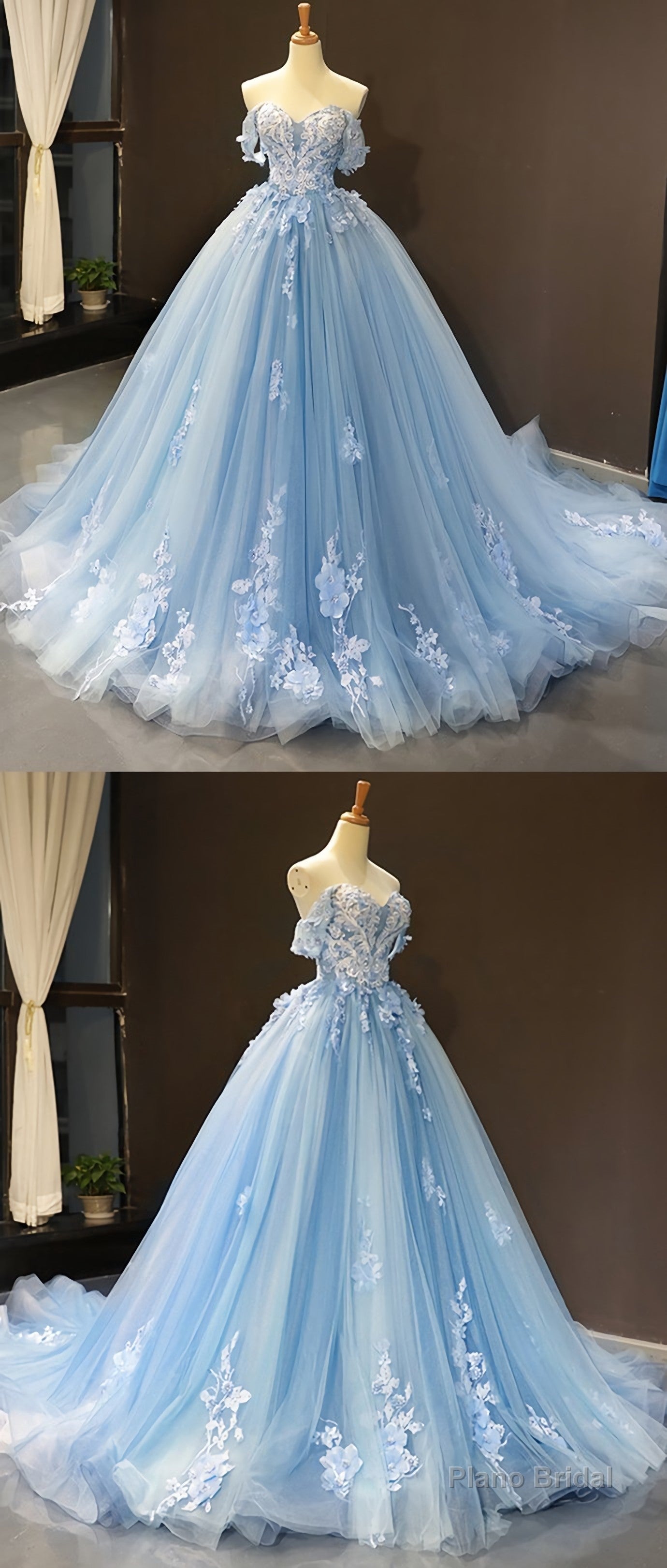 Sky Blue Tulle Off Shoulder Sweetheart Neck Long Lace Applique Senior Prom Dress, Evening Dress Main image