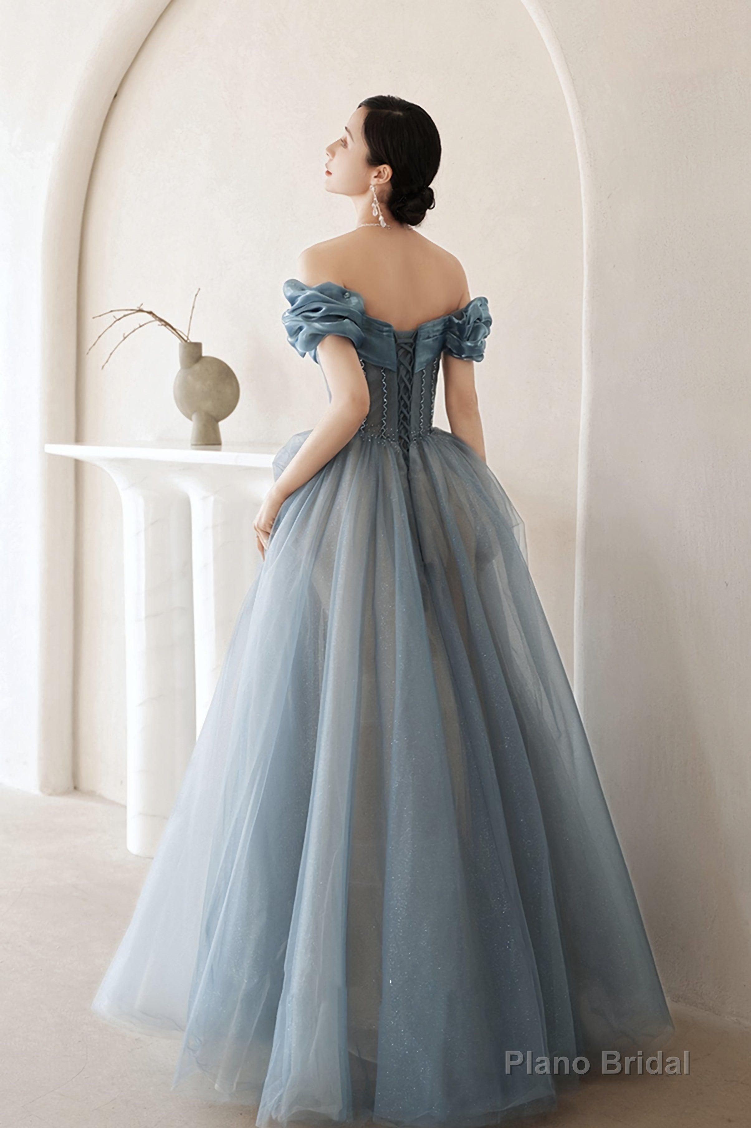 Blue Tulle Long A Line Prom Dress, Off Shoulder Evening Dress Main image