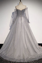 Gray Tulle Sequins Long A Line Prom Dress, Evening Dress