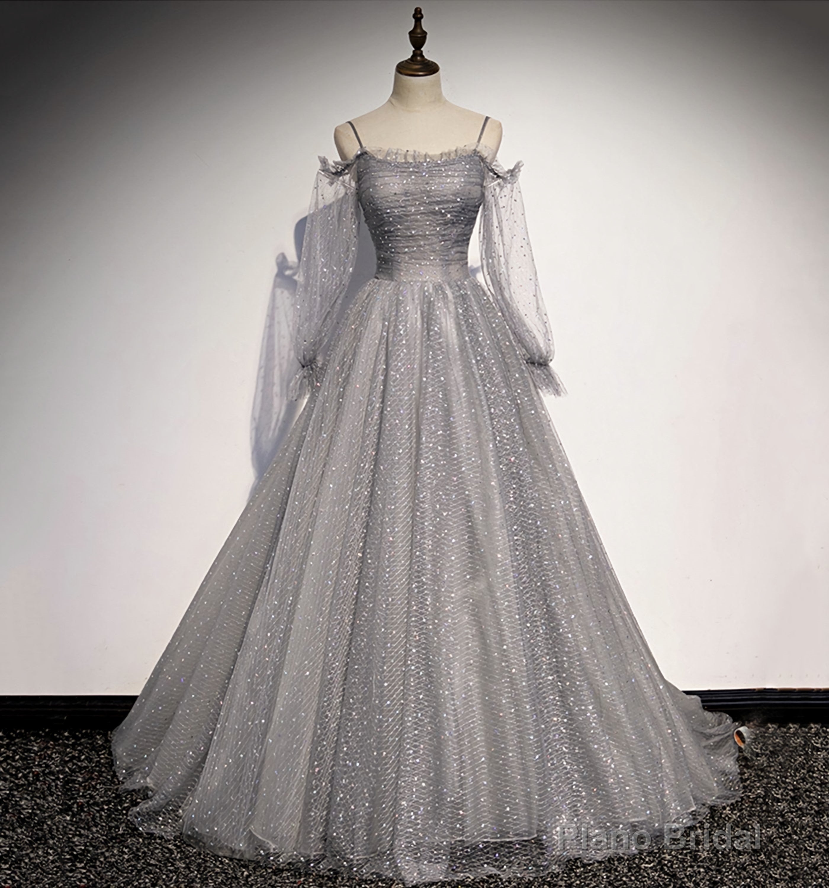 Gray Tulle Sequins Long A Line Prom Dress, Evening Dress