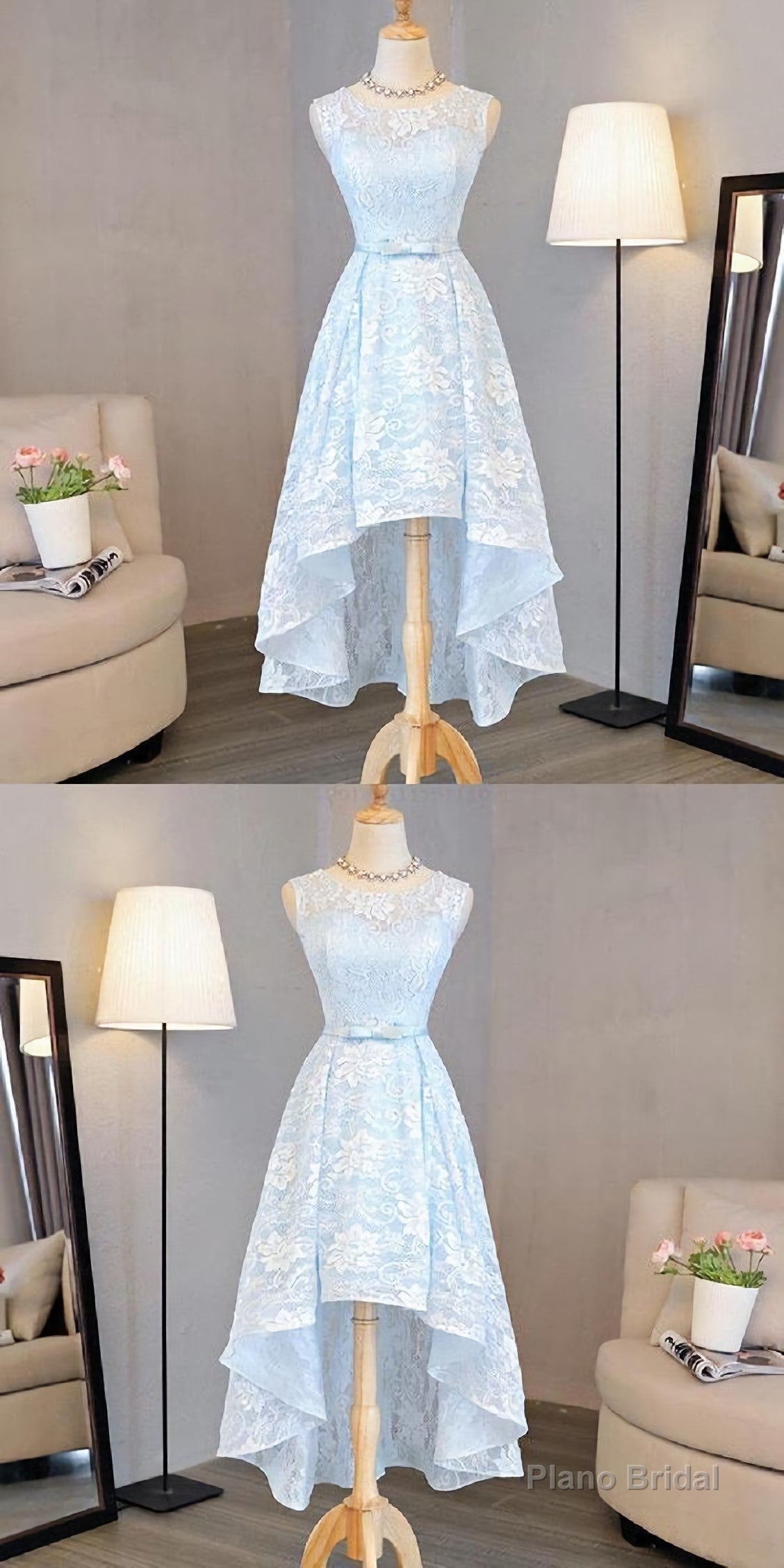 Nice Pink High Low Lace Dress, Pink High Low Dress, Lace Dress, Homecoming Dress Main image