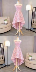 Nice Pink High Low Lace Dress, Pink High Low Dress, Lace Dress, Homecoming Dress