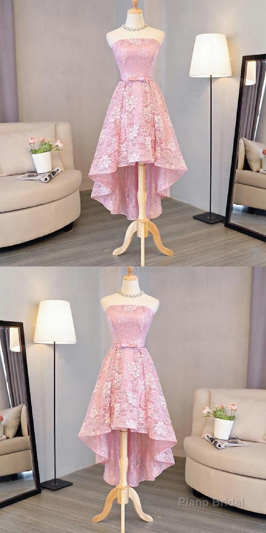 Nice Pink High Low Lace Dress, Pink High Low Dress, Lace Dress, Homecoming Dress