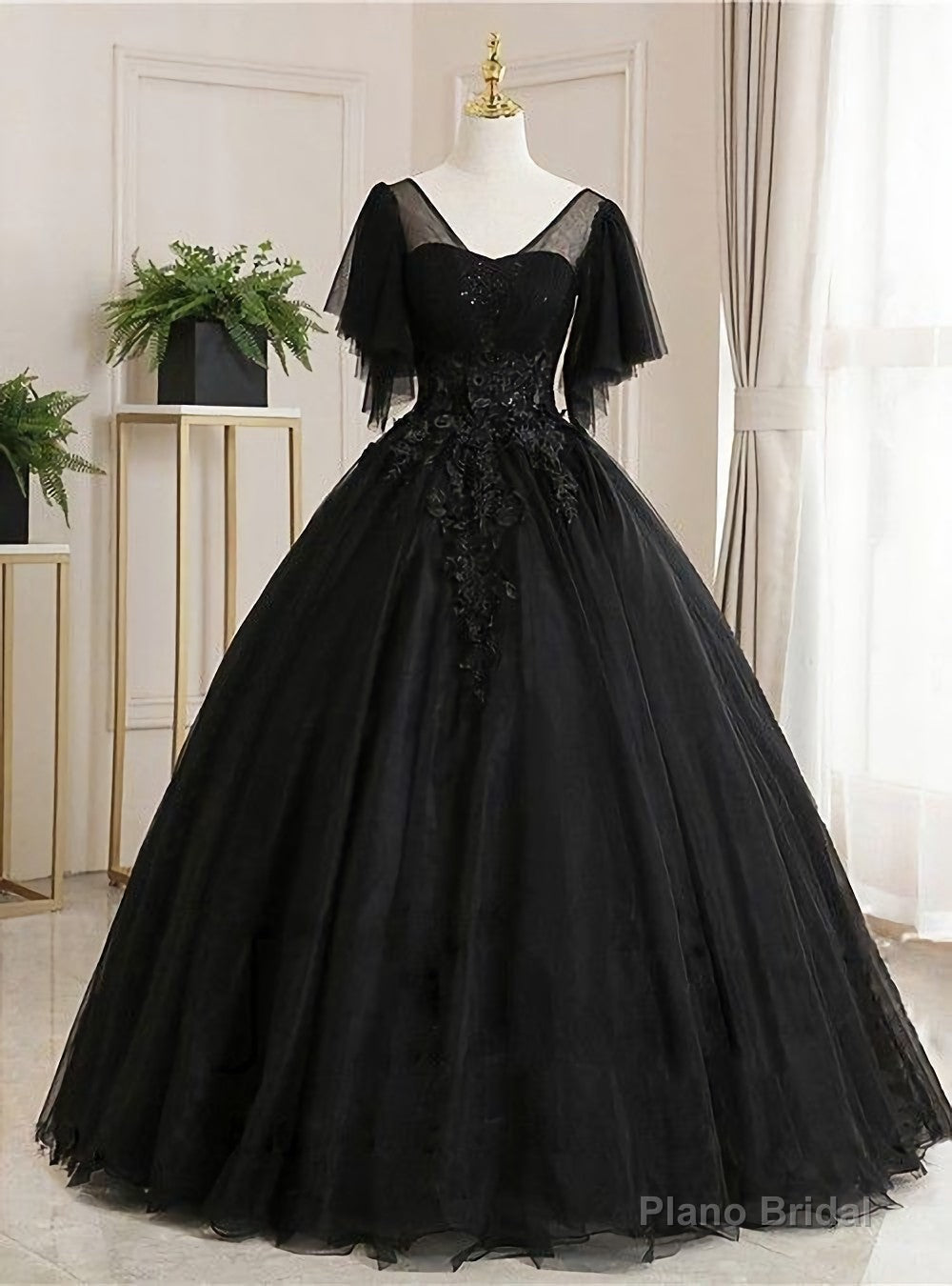 Ball Gown Luxurious Floral Quinceanera Prom Dress, Scoop Neck Short Sleeve Floor Length Tulle With Pleats Embroidery Main image