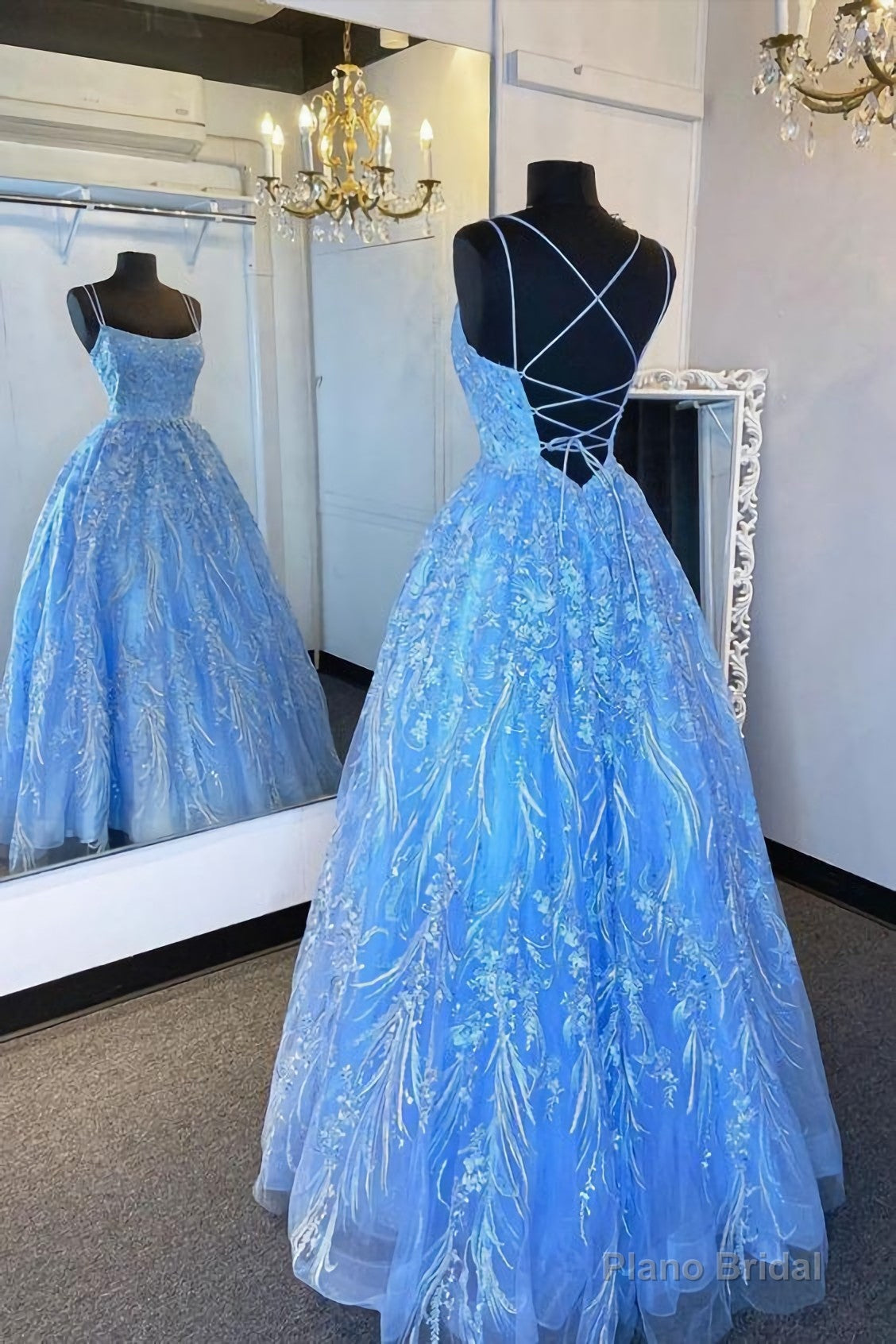 Elegant Straps Blue Appliqued Formal Dress, Prom Dress, Evening Dress Main image