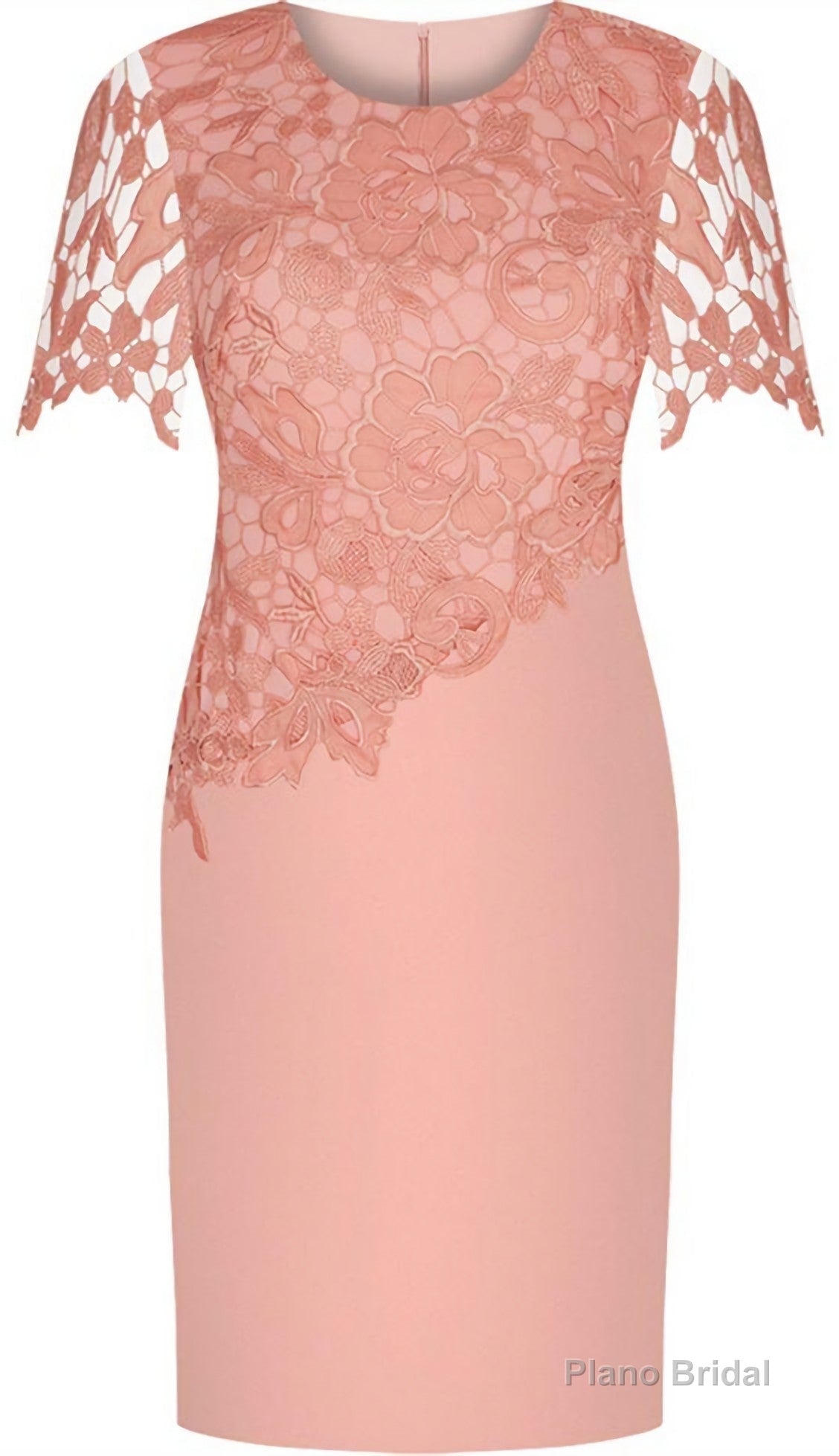 Sheath Round Neck Short Sleeves Prom Elastic Satin Short Mother Of The Bride Dress, With Lace