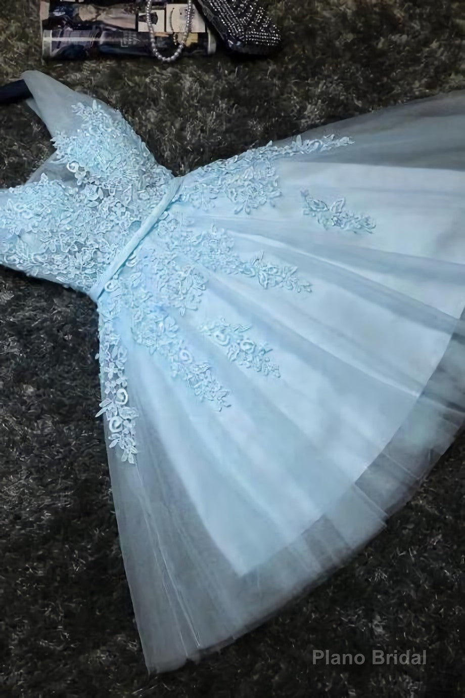 Lovely Blue Tulle V Neckline Short Party Dress, Tulle With Lace Homecoming Dress Main image