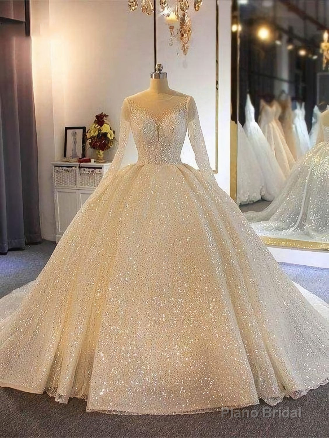 Sparkling Shinny Lone Sleeves Lace Up Ball Gown Prom Dresses Main image