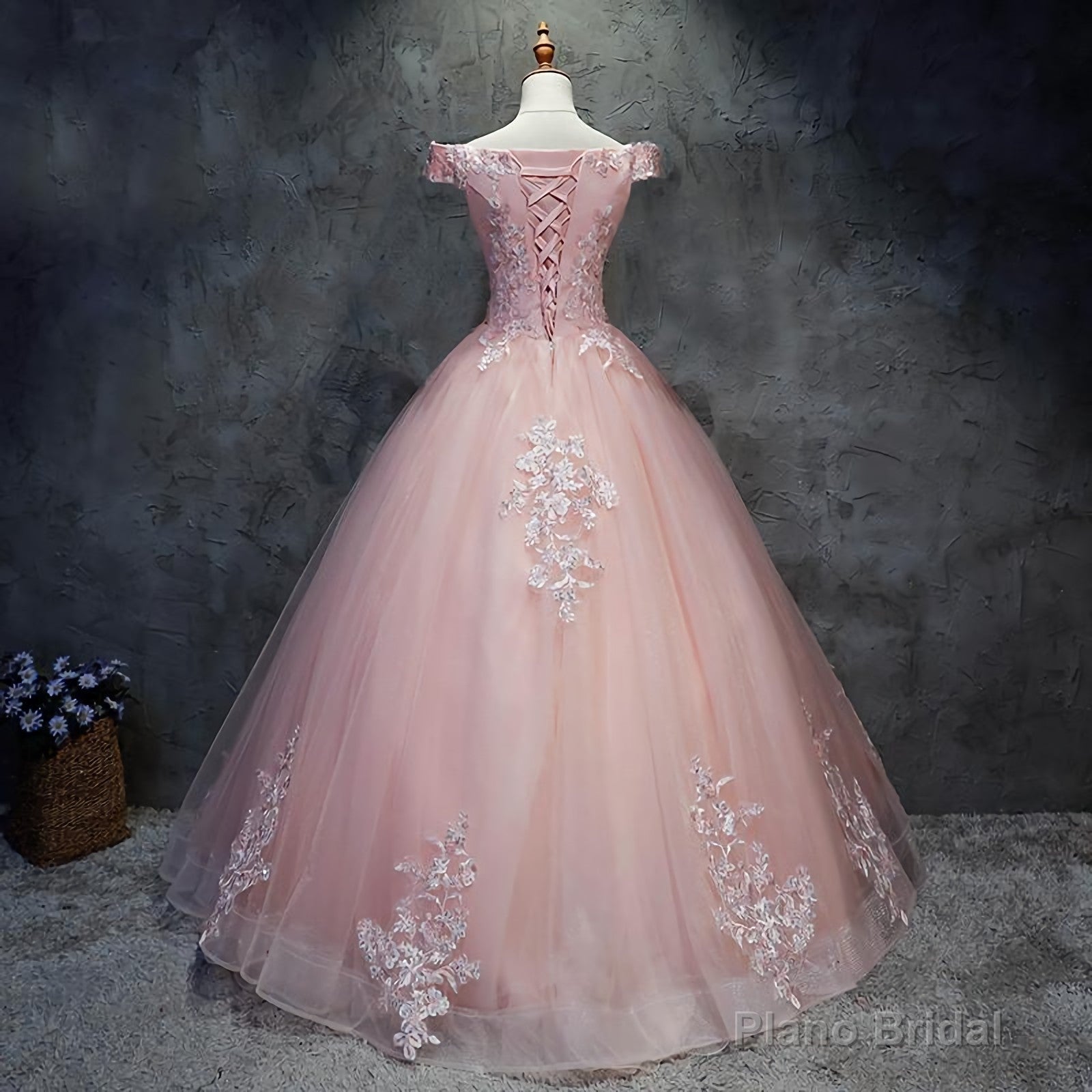 Pink Cap Sleeves Ball Gown Tulle With Lace Sweet 16 Prom Dresses, Long Quinceanera Dresses Main image