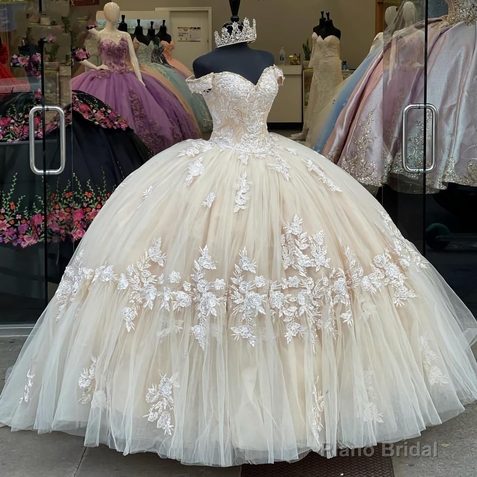 Long Champagne Lace Appliques Quinceanera Dress, For 15 Year Ball Gowns Off The Shoulder Ball Gown Debutante Gowns Dresses, Prom Dress Main image