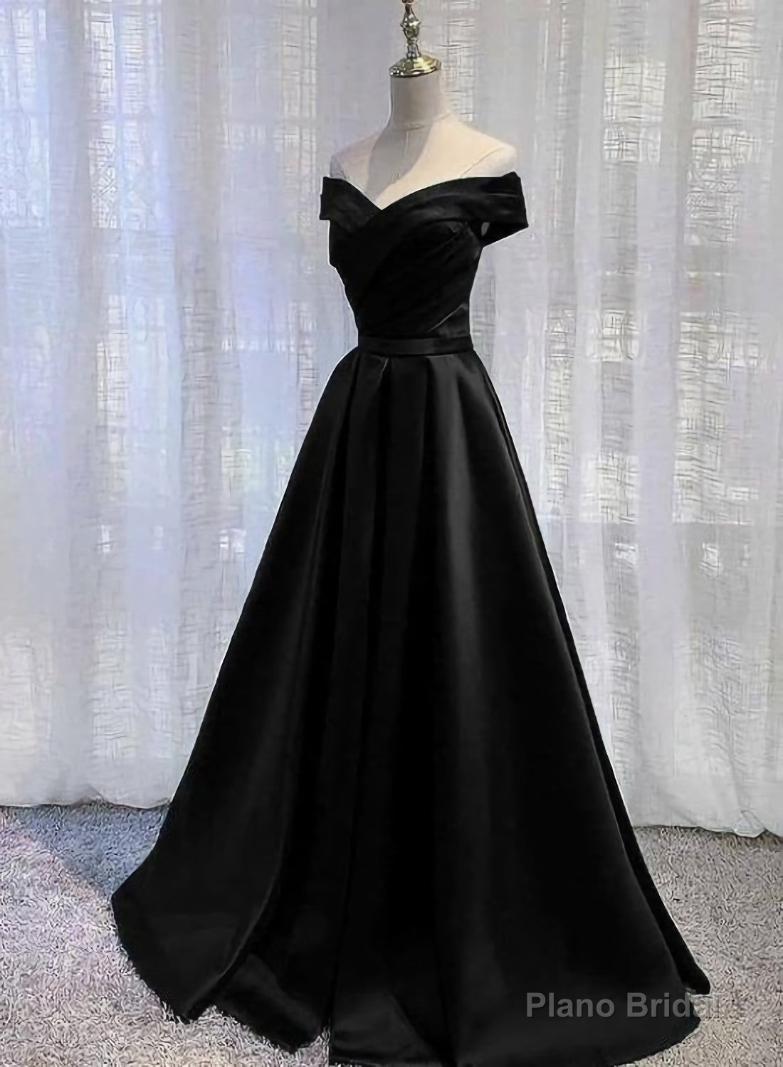 Pretty Off Shoulder Black Satin A Line Party Dress, Formal Dress, Long Black Prom Dress Main image