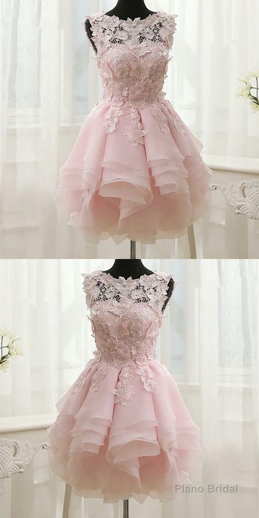 Pink Appliques Organza Tiered Short Homecoming Dress, Simple Homecoming Dresses Main image