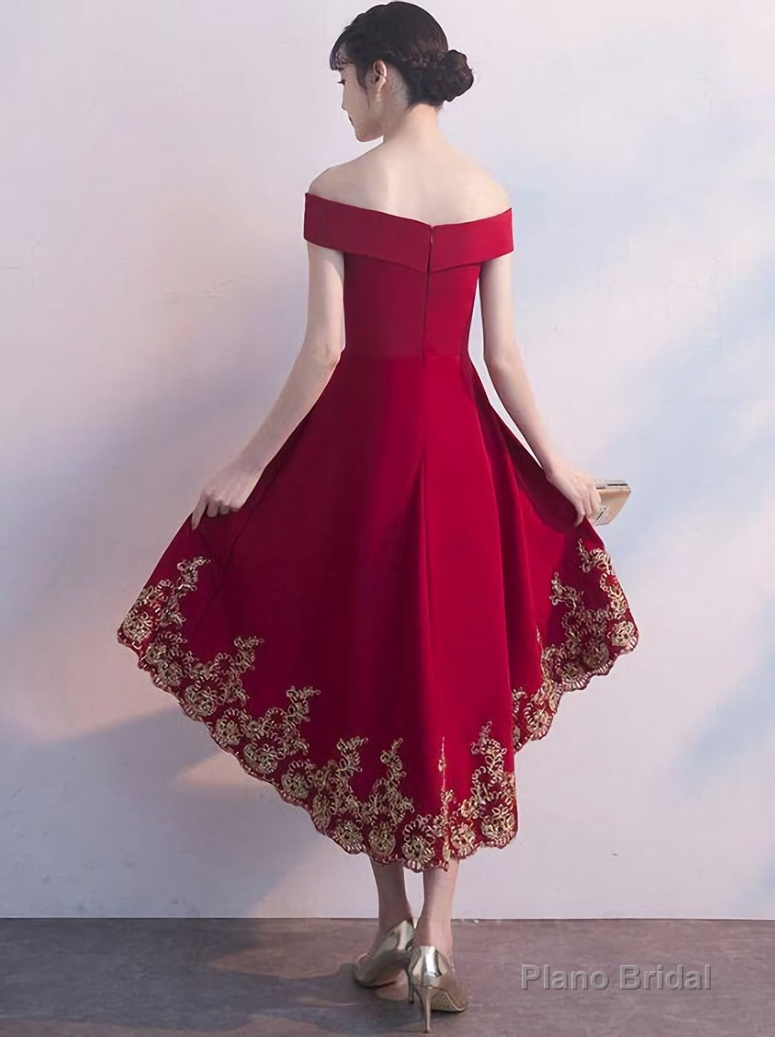 Beautiful Red High Low Party Dress, With Gold Applique Stylish Formal Dress, Cute Party Dress, Homecoming Dress Secondary image