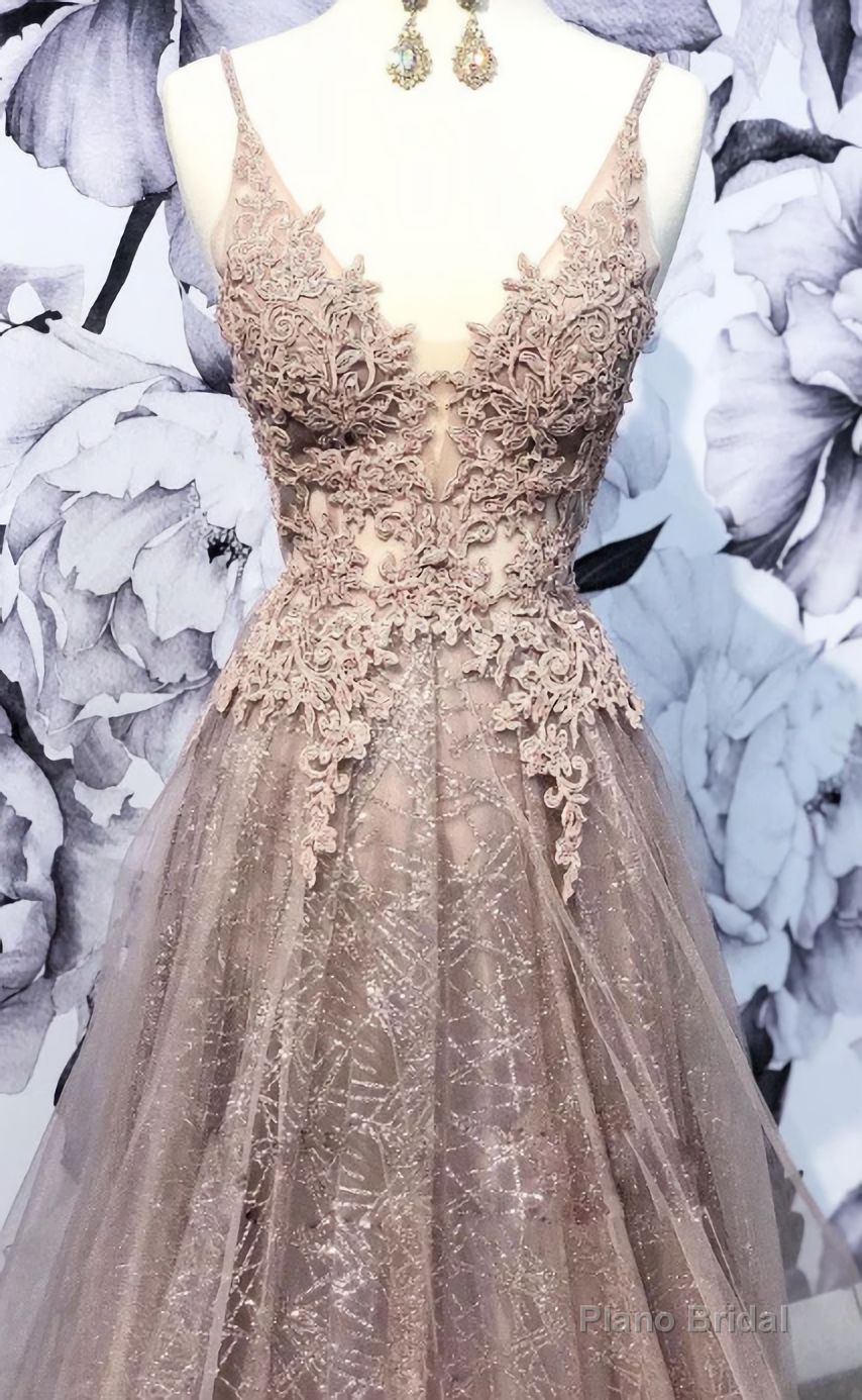 Champagne V Neck Tulle Lace Long Prom Dress, Champagne Tulle Evening Dress Main image