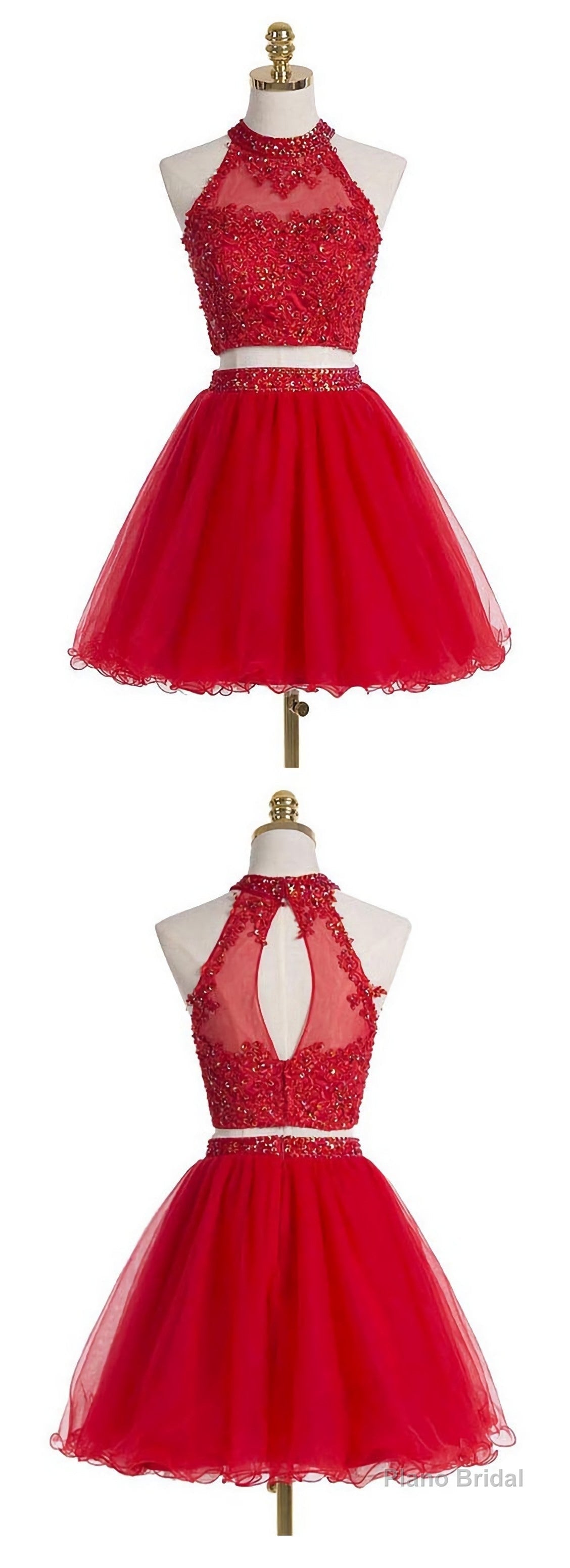 Two Piece Scoop Short Red Organza Beaded Homecoming Dress, With Appliques Sequins Main image