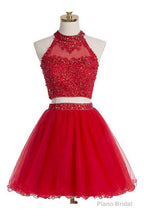 Two Piece Scoop Short Red Organza Beaded Homecoming Dress, With Appliques Sequins
