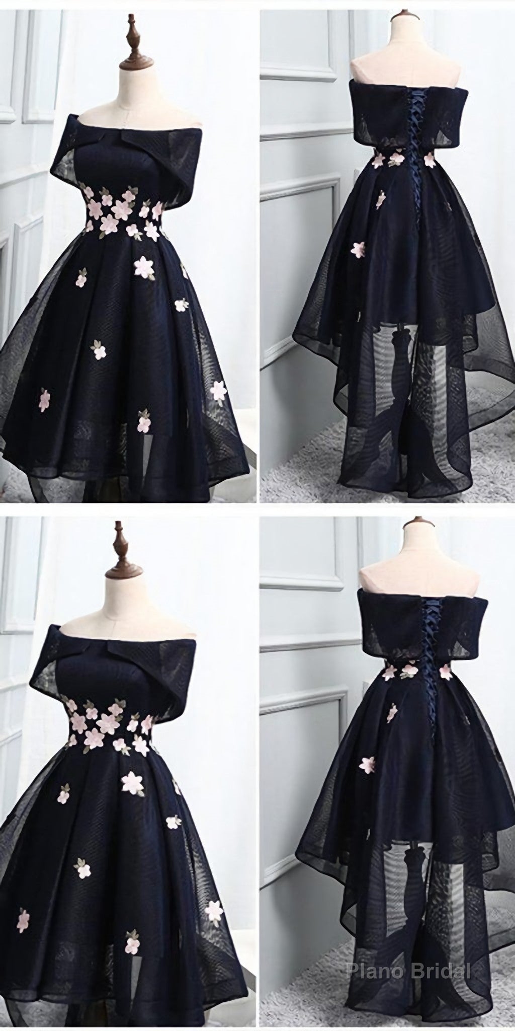 Off The Shoulder Black Organza Homecoming Dresses, With Handmade Flower Short Homecoming Dresses Main image