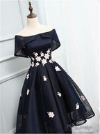 Off The Shoulder Black Organza Homecoming Dresses, With Handmade Flower Short Homecoming Dresses