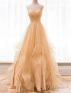 Custom Made Gold V Neck Tulle Long Prom Dress, Evening Dress