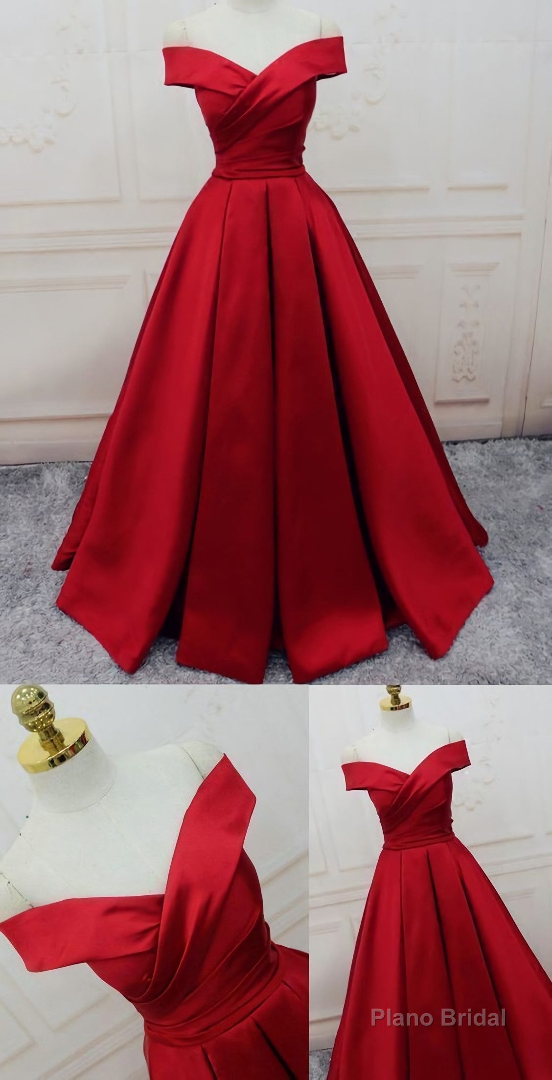 Evening Dresses, A Line Princess Prom Dresses, Long Party Dresses, Off The Shoulder Red Long Satin Party Dress Main image