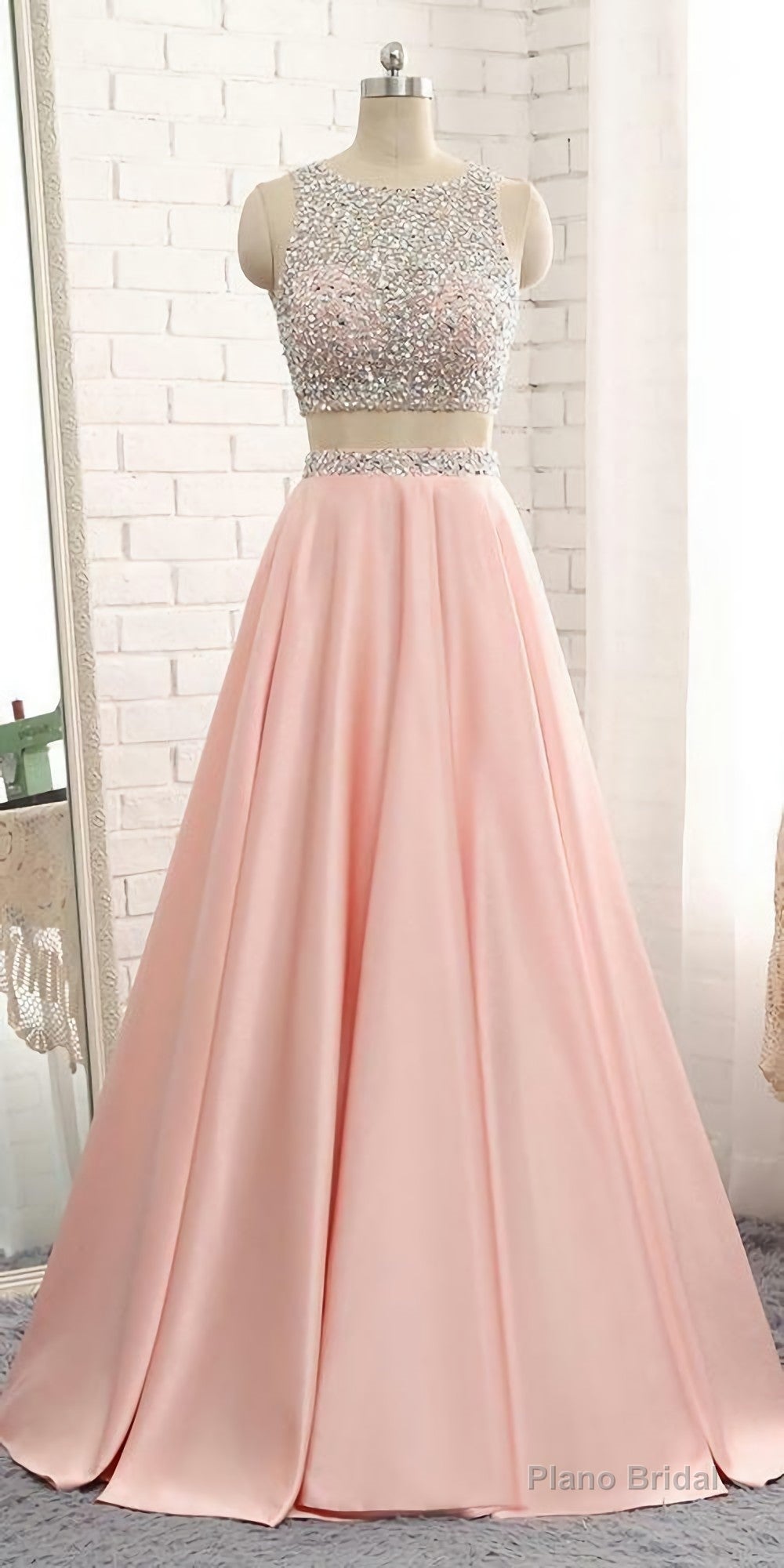 2 Pieces Beaded 2025  Sequins Open Back Prom Dresses, Long Two Pieces School Dance Dress Main image