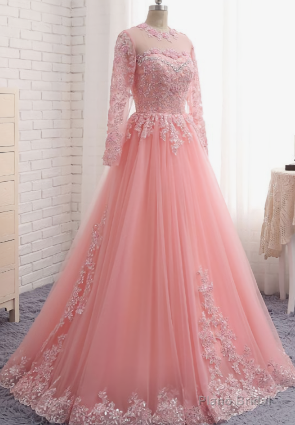 Charming Long Sleeve Appliques Pink Tulle Prom Dresses, Elegant Evening Formal Dress Secondary image