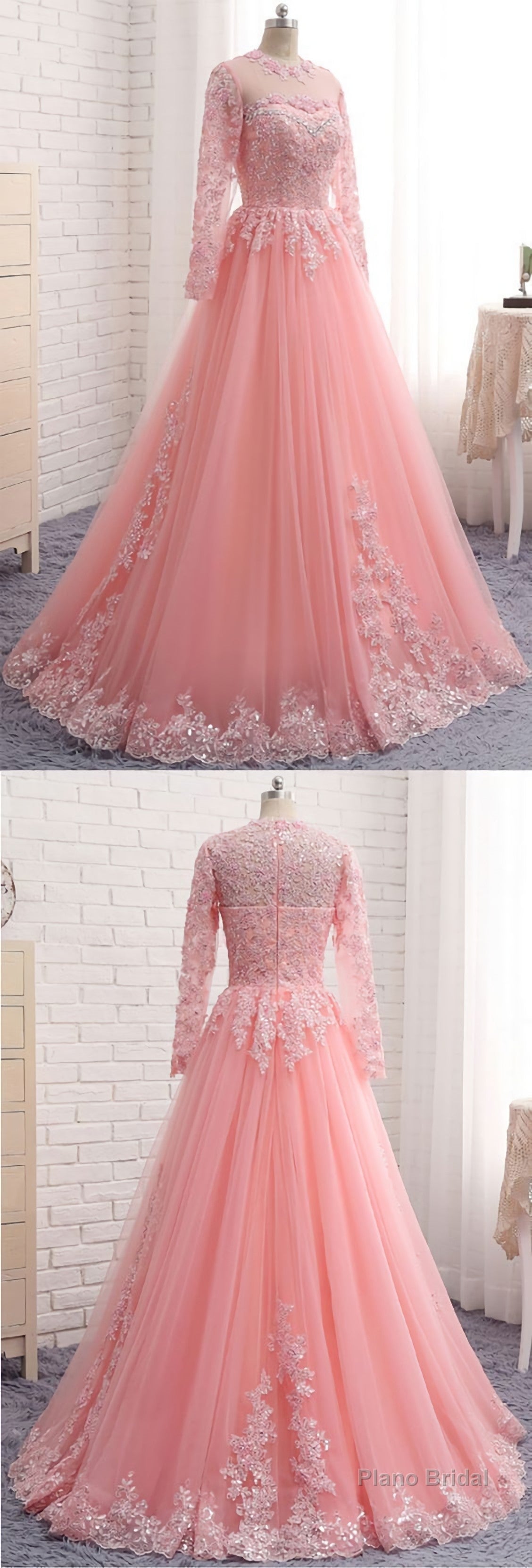 Charming Long Sleeve Appliques Pink Tulle Prom Dresses, Elegant Evening Formal Dress Main image