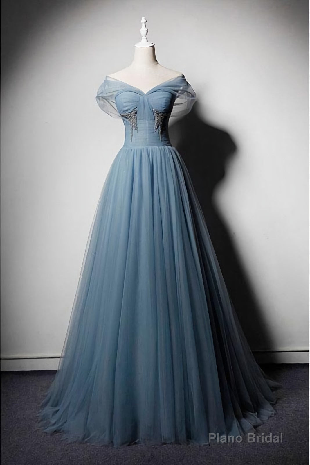 Blue Tulle V Neck Off Shoulder Long Senior Prom Dress, Evening Dress Main image