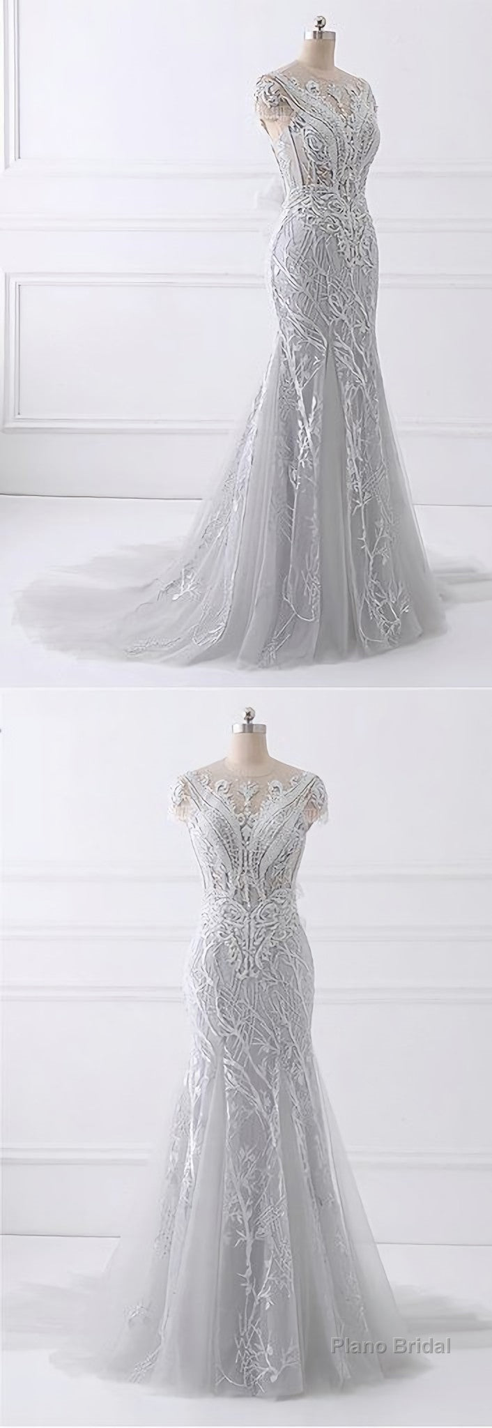 Spring Gray Tulle Long Mermaid Prom Dress, Beaded Lace Evening Gown Main image