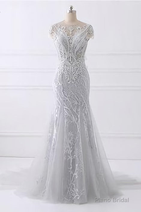 Spring Gray Tulle Long Mermaid Prom Dress, Beaded Lace Evening Gown Secondary image