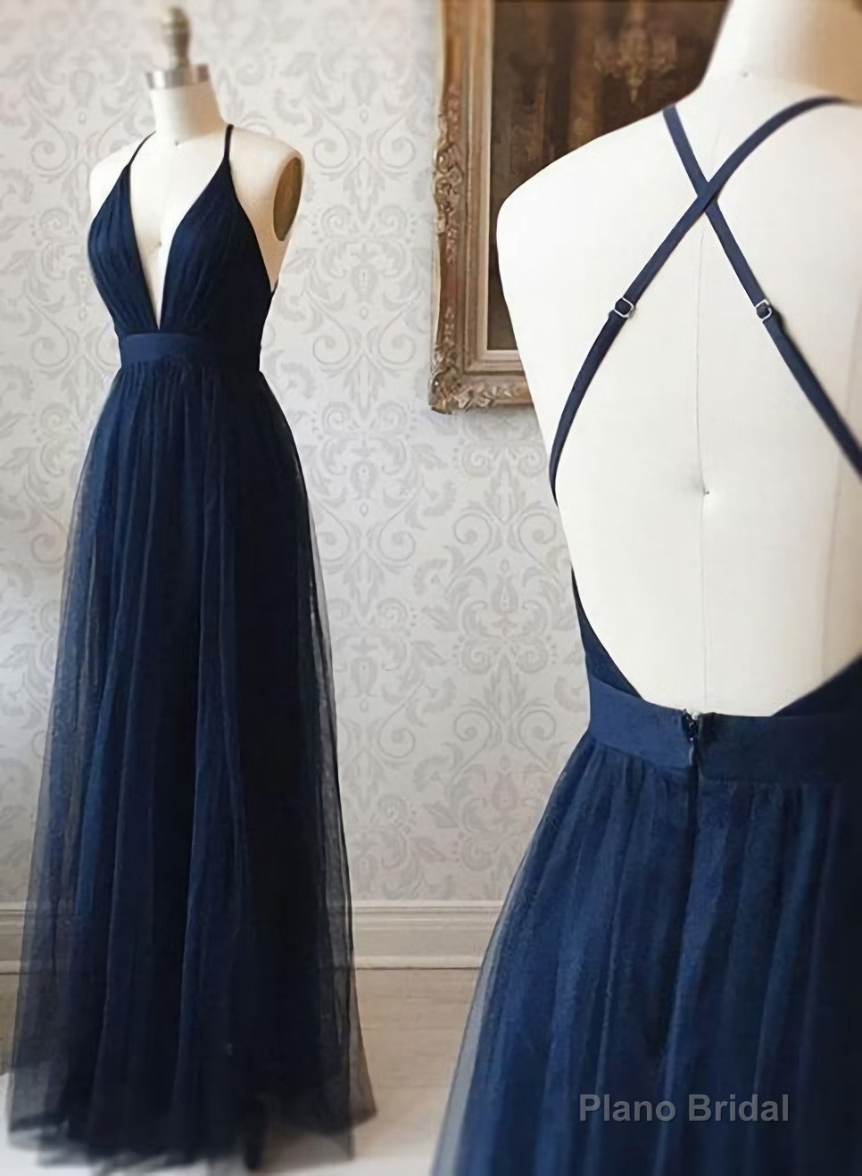 A Line V Neck Navy Blue Backless Prom Dresses, Dark Navy Blue Backless Tulle Evening Formal Dresses Secondary image