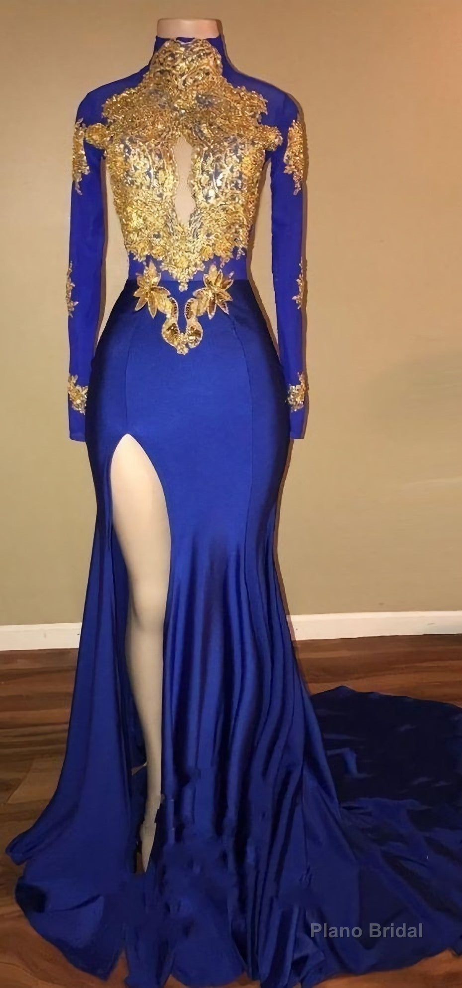 Gorgeous Royal Blue Prom Dresses, Gold Appliques Side Slit Mermaid Evening Dresses_ Main image