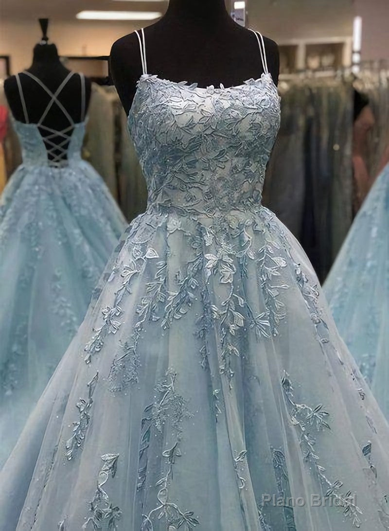 Beautiful A Line Spaghetti Straps Blue Long Prom Evening Dresses, With Appliques Main image