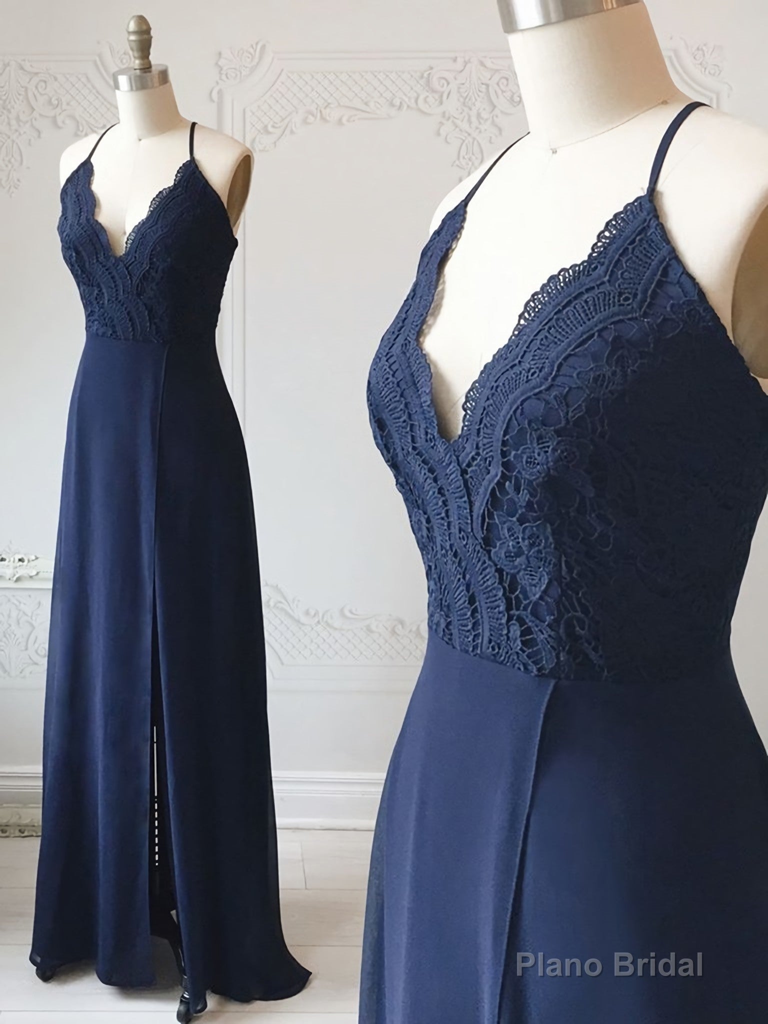 Spaghetti Straps Floor Length Navy Blue Lace Prom Dresses, Navy Blue Lace Formal Evening Bridesmaid Dresses Secondary image