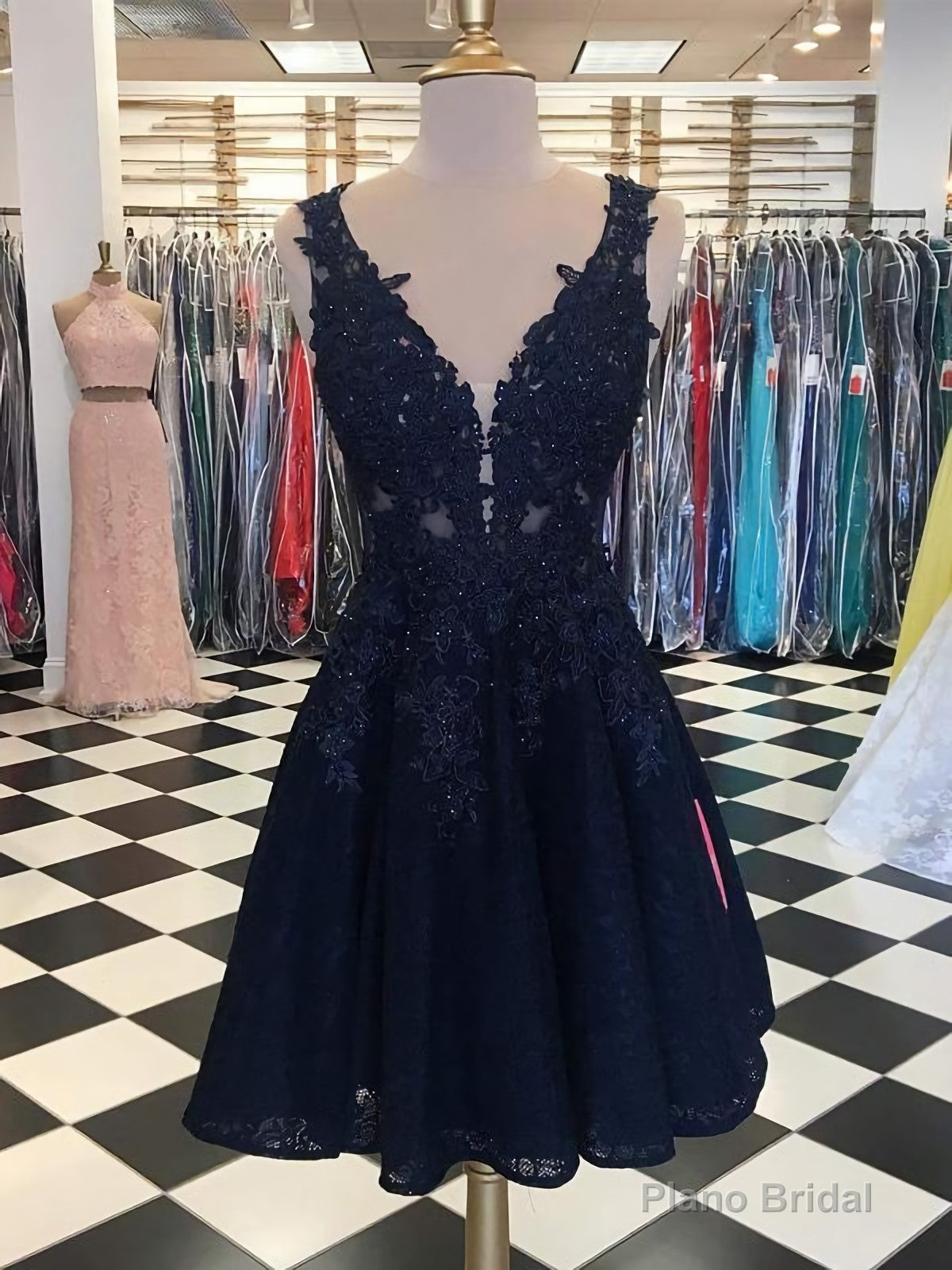 Dark Navy Lace Beading Sleeveless Illusion Homecoming Dresses Secondary image