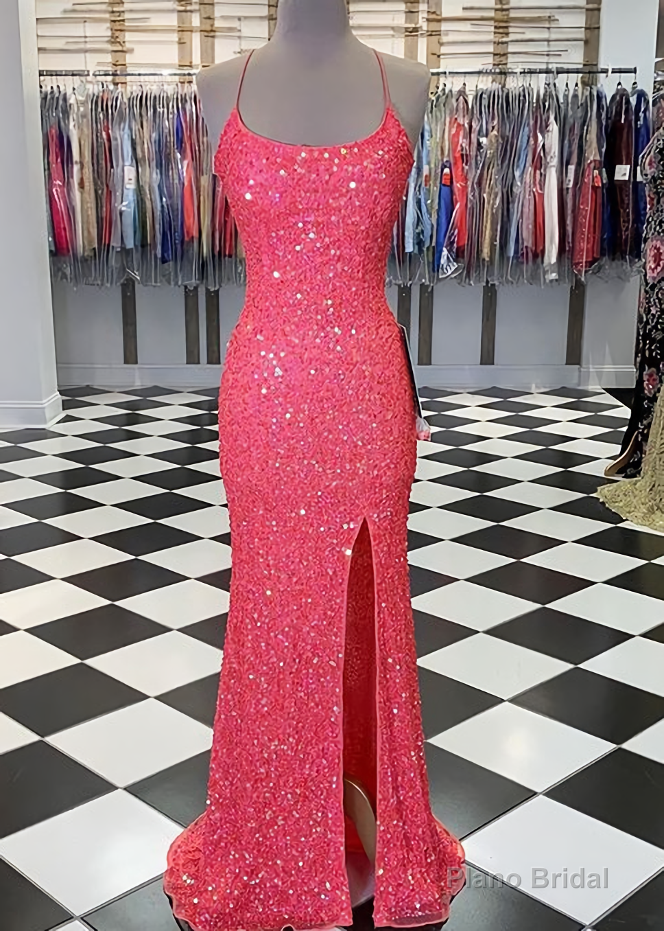 Spaghetti Straps Coral Pink Sequin Mermaid Prom Dress, With Slit Secondary image