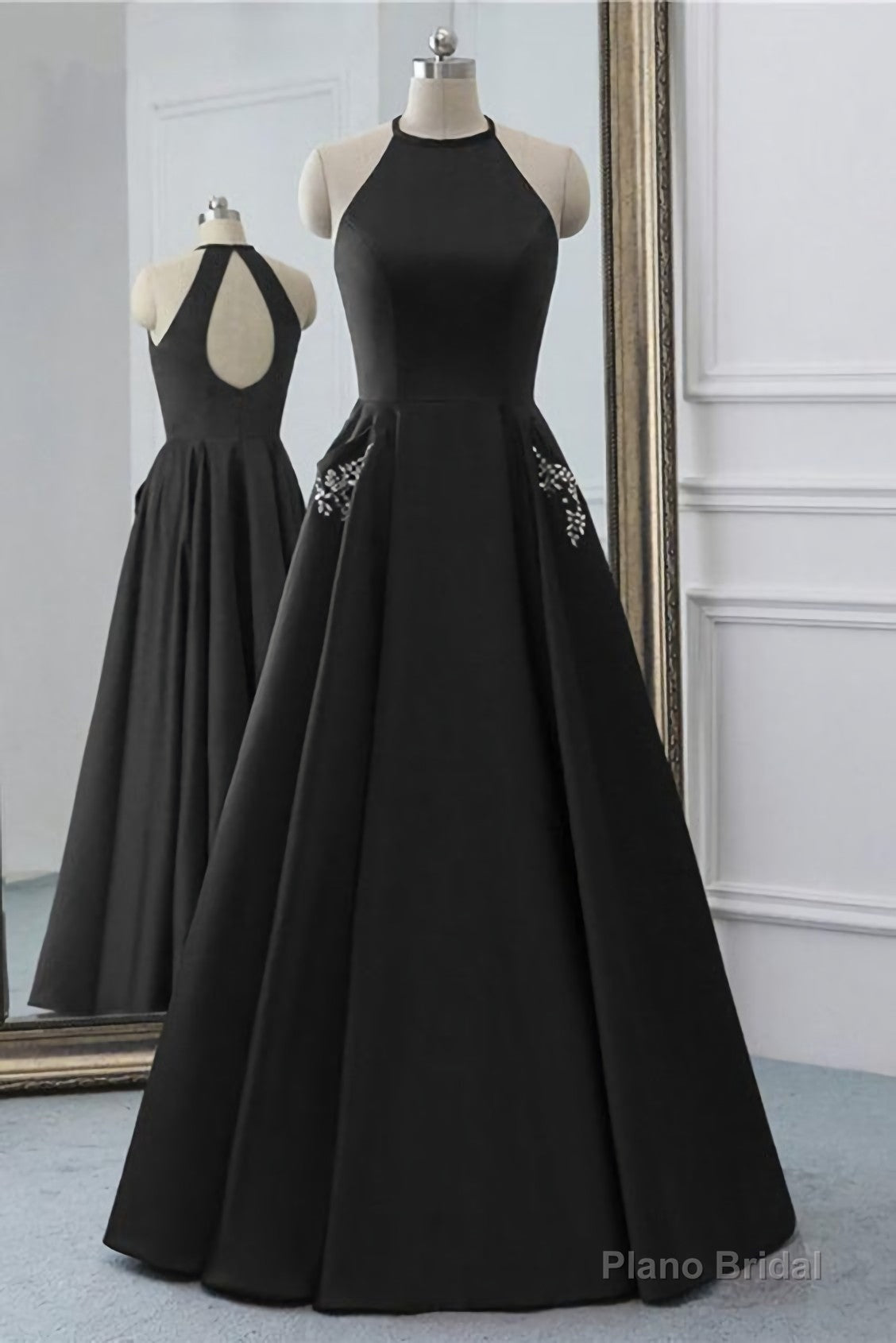 Simple Black Satin Open Back Long O Neck Prom Dress, Evening Dress Main image