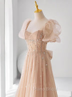 Chamapgne Beaded Short Sleeves Tulle A-line Formal Prom Dresses, Champagne Party Dresses